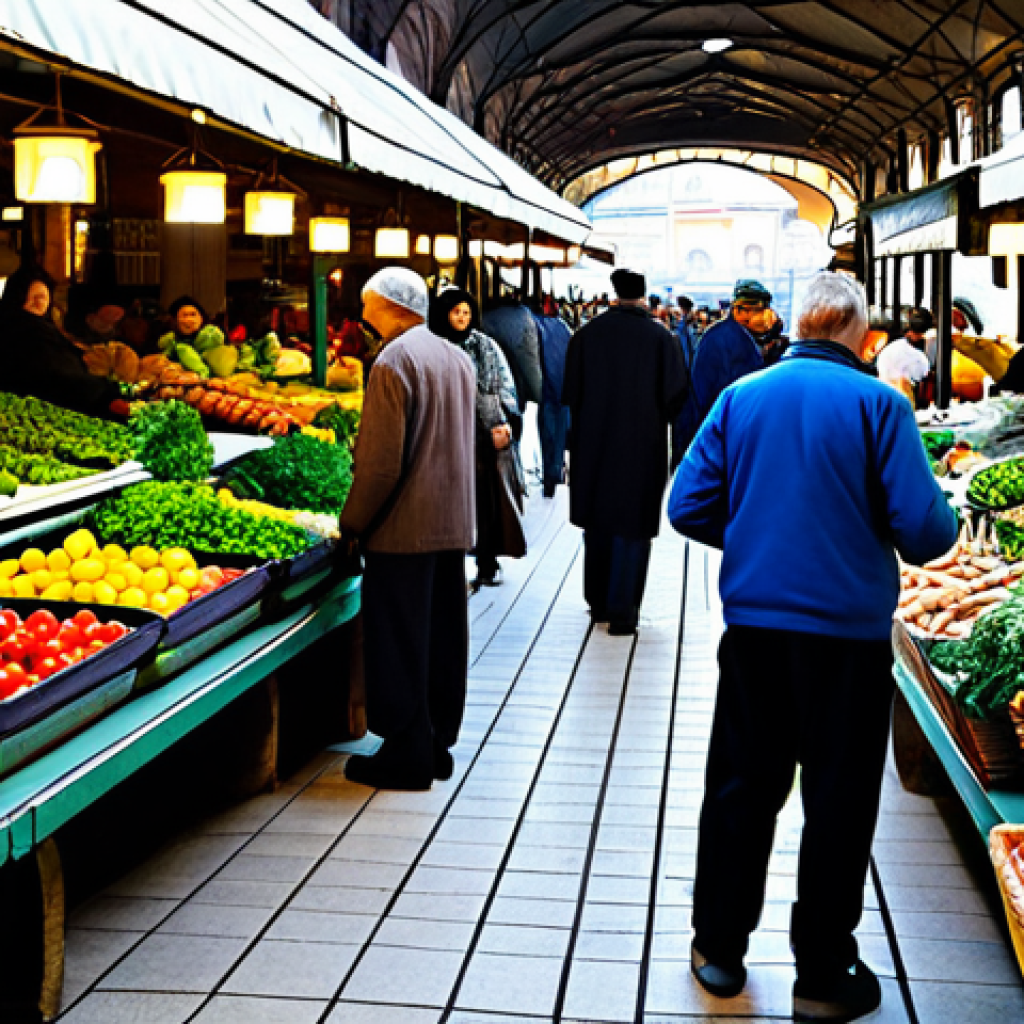 サラエボ中央市場の活気ある朝:**
A bustling morning scene at the Sarajevo Central Market. Diverse local merchants and shoppers, fully clothed in modest, everyday attire, engage in lively activity amidst colorful stalls. Fresh, vibrant vegetables, fruits, and exotic herbs are artfully displayed in abundance, bathed in gentle morning light. The atmosphere is authentic and family-friendly, with natural poses and warm interactions visible. People are seen examining produce with well-formed hands and natural body proportions. Safe for work, appropriate content, professional photography, high quality.

**