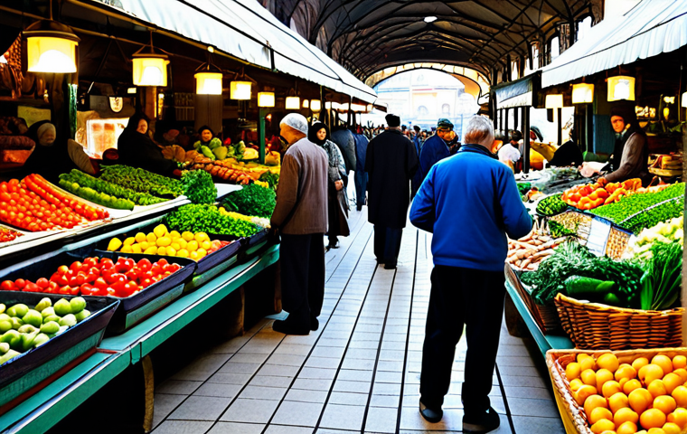 サラエボ中央市場の活気ある朝:**
A bustling morning scene at the Sarajevo Central Market. Diverse local merchants and shoppers, fully clothed in modest, everyday attire, engage in lively activity amidst colorful stalls. Fresh, vibrant vegetables, fruits, and exotic herbs are artfully displayed in abundance, bathed in gentle morning light. The atmosphere is authentic and family-friendly, with natural poses and warm interactions visible. People are seen examining produce with well-formed hands and natural body proportions. Safe for work, appropriate content, professional photography, high quality.

**