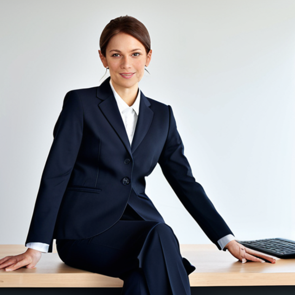 A professional businesswoman in a modest business suit, sitting at a desk in a modern office, fully clothed, appropriate attire, safe for work, perfect anatomy, natural proportions, professional photography, high quality.