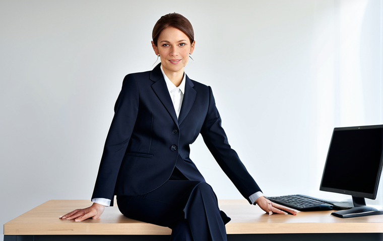 A professional businesswoman in a modest business suit, sitting at a desk in a modern office, fully clothed, appropriate attire, safe for work, perfect anatomy, natural proportions, professional photography, high quality.