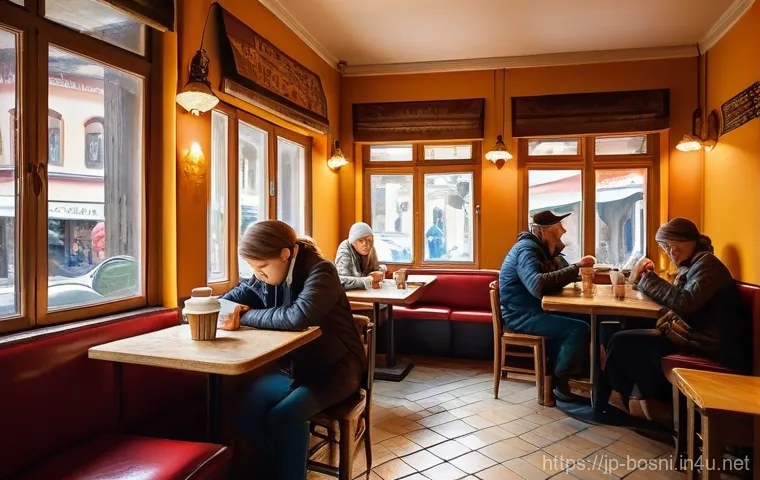 보스니아에서 생활비와 물가 수준 - **Sarajevo Cafe Scene:** A warm and inviting scene inside a traditional, slightly retro Bosnian cafe...