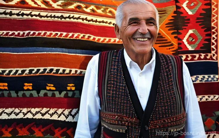 보스니아 기념품 추천 리스트 - **Vibrant Bascarsija Kilims: A Tapestry of Bosnian Heritage**
    "A wide-angle, medium shot depicti...