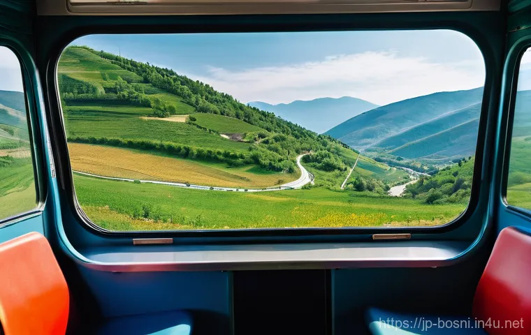 보스니아와 주변국 간 교통편 비교 - **"Bosnian Mountain Bus Journey"**
    A wide-angle shot from inside a comfortable, modern intercity...