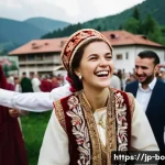 보스니아 전통 결혼식 문화 - **Prompt:** A joyful Bosnian wedding celebration in Sarajevo. A young bride in a beautiful, modest t...