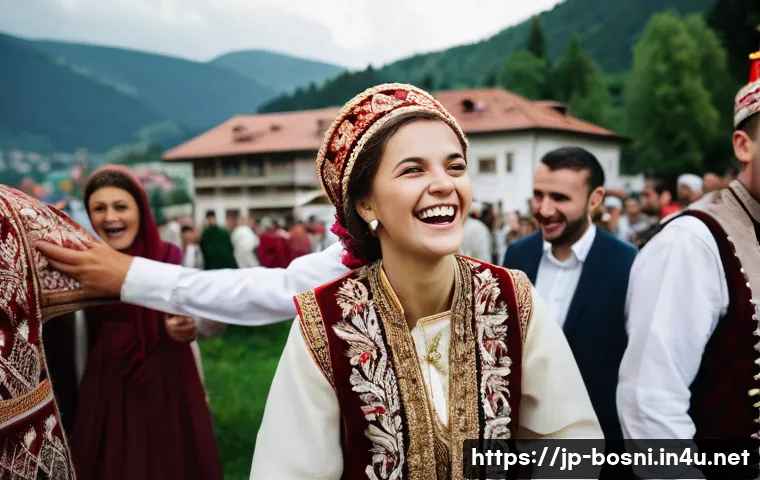 보스니아 전통 결혼식 문화 - **Prompt:** A joyful Bosnian wedding celebration in Sarajevo. A young bride in a beautiful, modest t...