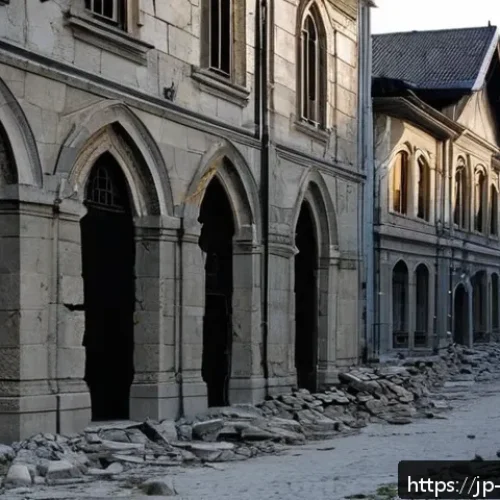 사라예보 역사적 명소 - A quiet Sarajevo street corner showing war damage: stone buildings with visible bullet holes and par...