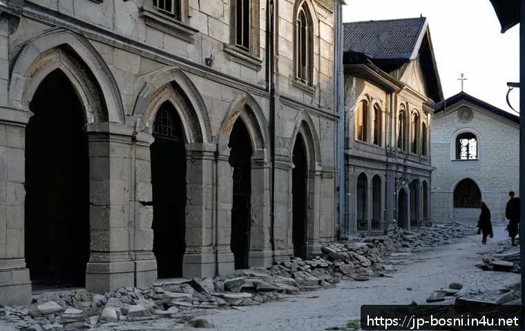 사라예보 역사적 명소 - A quiet Sarajevo street corner showing war damage: stone buildings with visible bullet holes and par...