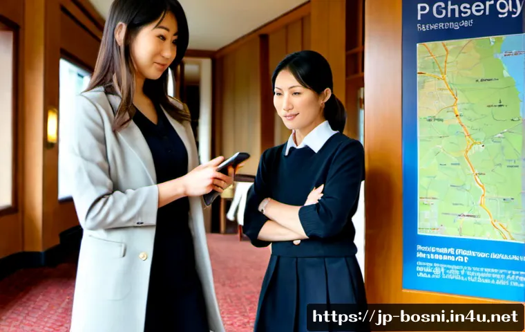 보스니아 여행시 긴급 연락처 정보 - Photorealistic travel safety scene in Sarajevo, Bosnia and Herzegovina: a Japanese adult traveler in...
