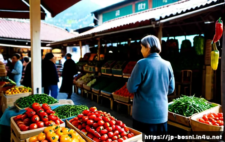 사라예보 로컬 시장 방문기 - Photorealistic travel scene inside a Sarajevo local market, a friendly middle-aged visitor browsing ...