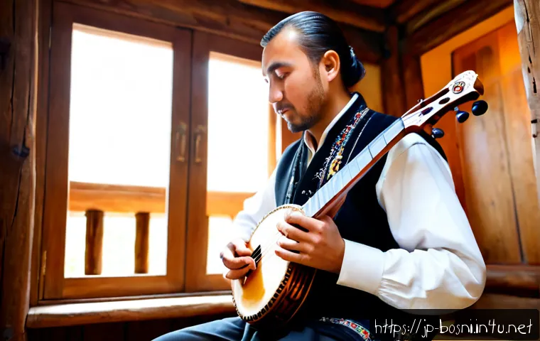 보스니아 음악과 전통 악기 - Photorealistic documentary-style portrait of a Bosnian folk musician seated in a rustic wooden room,...