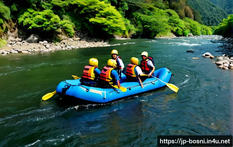 네룸바 강 래프팅 가이드 - Photorealistic whitewater rafting guide standing confidently at the stern of a sturdy inflatable raf...